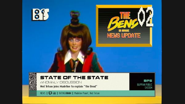 Screenshot from the color version of Blippo+ featuring Madeline Planet on the show State of the State